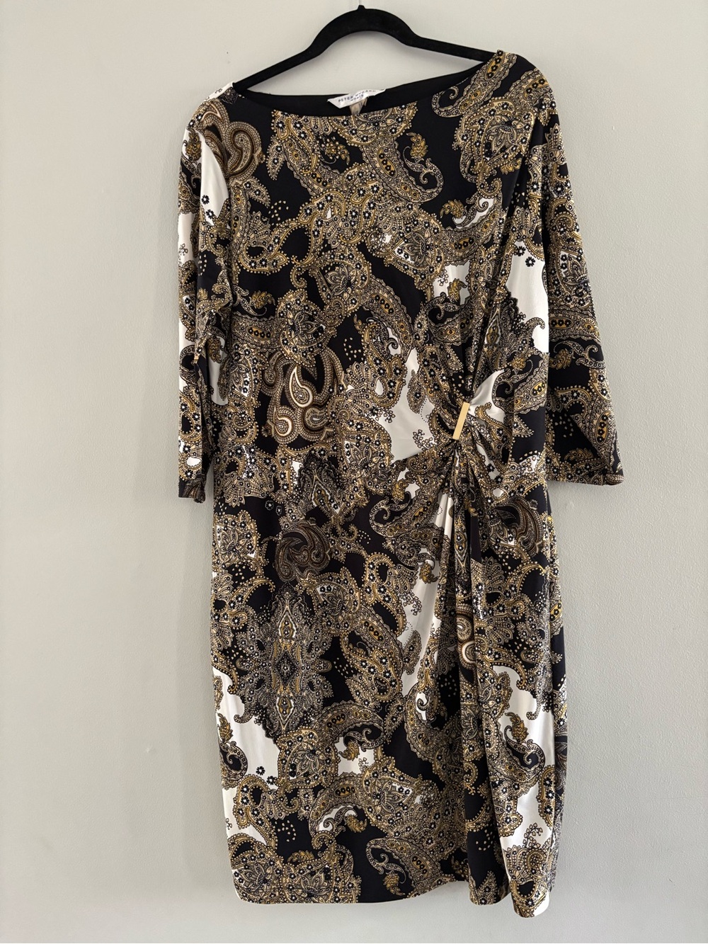 Peter Nygard Black, Gold & White Paisley Long-Sleeve Sheath Dress Size 16 Midi